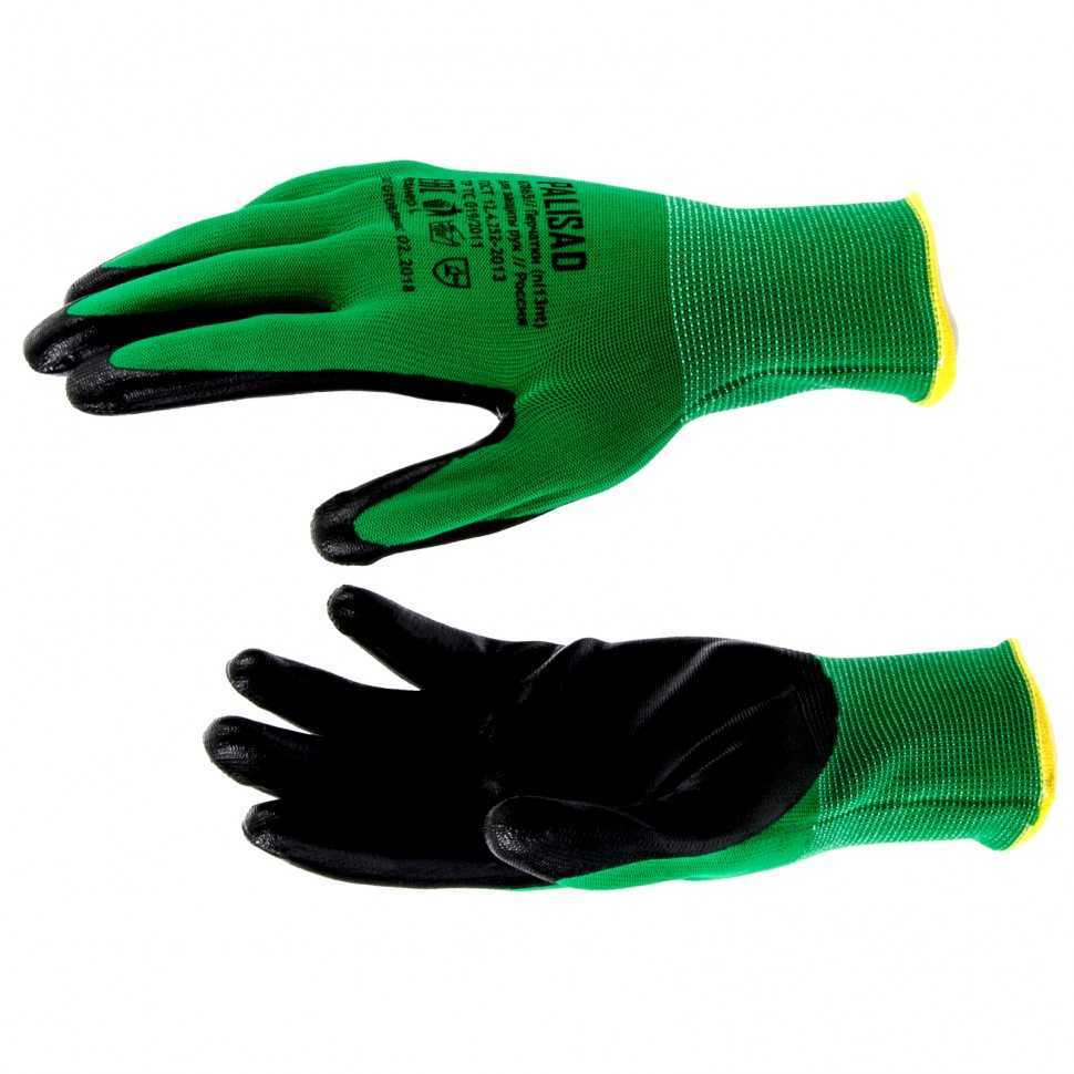 Перчатки полиэфирные с черным нитрильным покрытием маслобензостойкие, L, 15 класс вязки Palisad Садовые перчатки фото, изображение